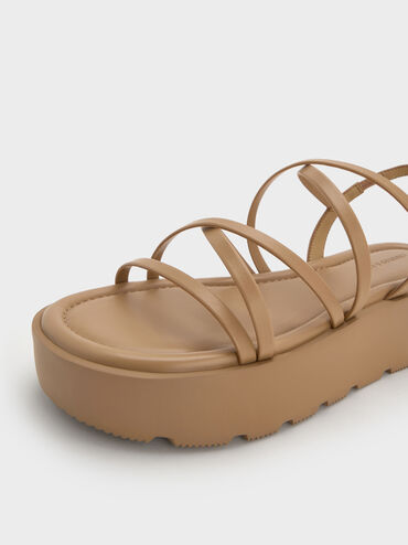 Strappy Ridged-Sole Flatform Sandals, Taupe, hi-res