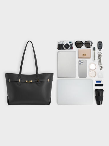 Tote Bag Double-Handle Belted Arlet, Black, hi-res