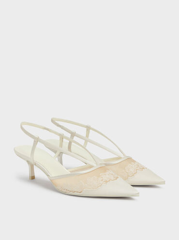 Sepatu Kitten Heels Slingback Embroidered-Satin, White, hi-res