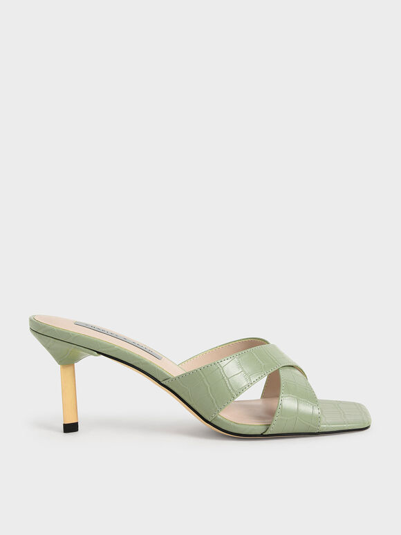 Sepatu Mules Blade Heel Crossover Croc-Effect Metallic, Animal Print Green, hi-res