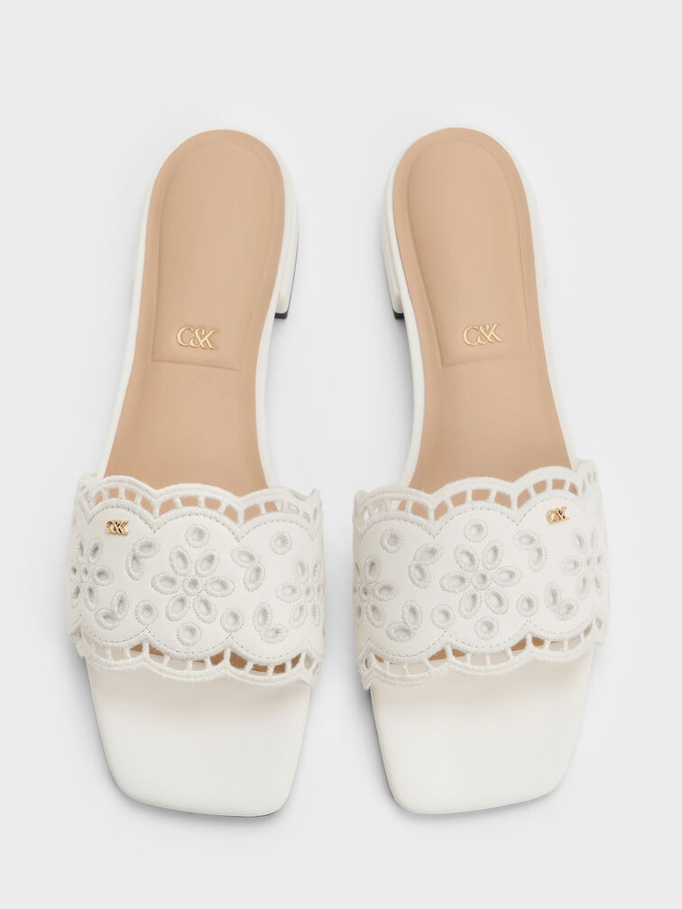 Sandal Selip Embroidered Leather, White, hi-res