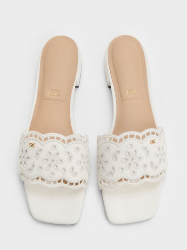 Sandal Selip Embroidered Leather, White, hi-res