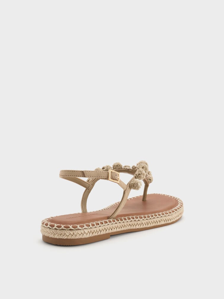 Sandal Thong Espadrille Flower Faux Suede, Sand, hi-res