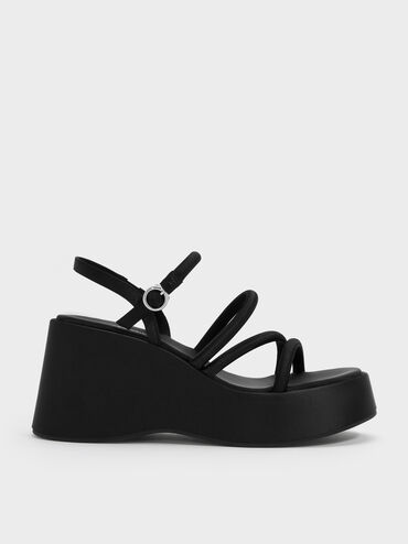 Lindon Satin Strappy Platform Wedges, Black Textured, hi-res