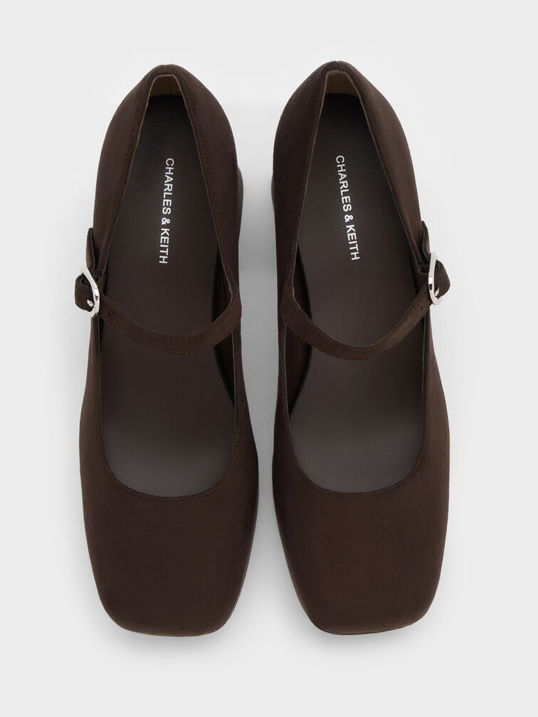 Sepatu Pumps Platform Block-Heel Mary Jane Faux Suede, Dark Brown Textured, hi-res