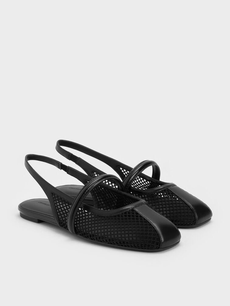 Sepatu Flats Mary Jane Slingback Mesh Ellory, Black Textured, hi-res