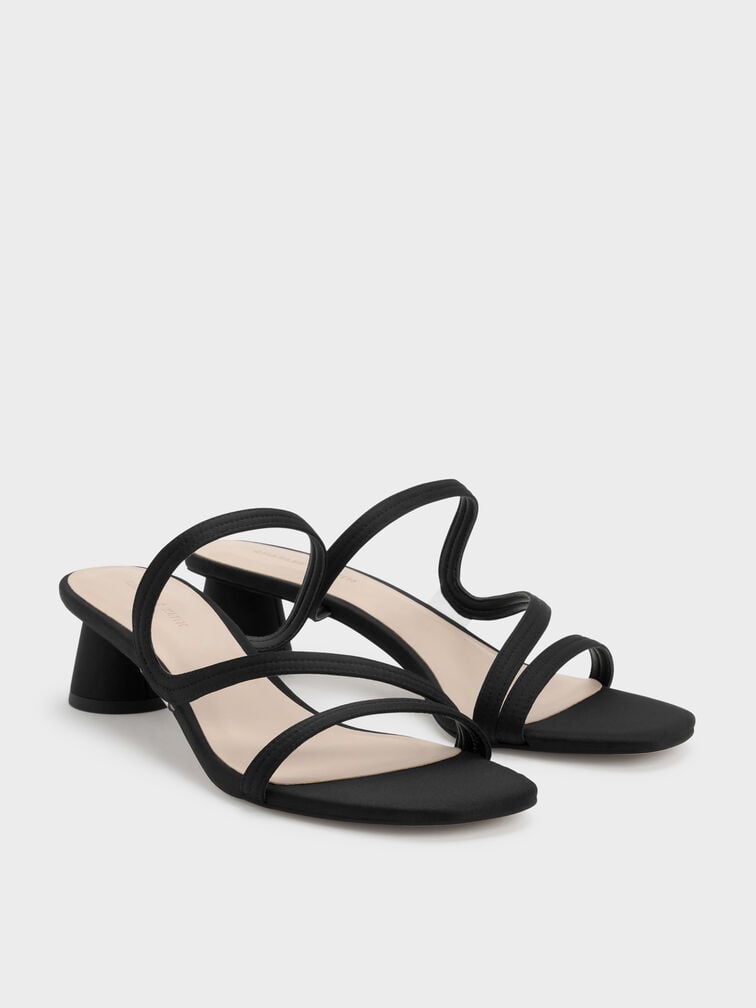 Sepatu Mules Wavy Strap Arden Satin, Black, hi-res