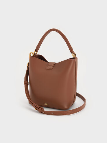 Gabine Leather Belted Top-Handle Bucket Bag, Chocolate, hi-res