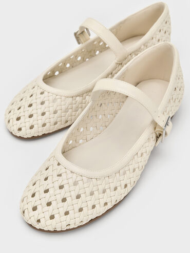 Sepatu Flats Mary Jane Woven, Cream, hi-res