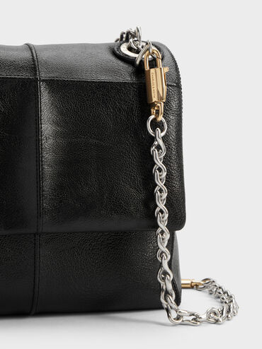 Tas Bahu Chain-Strap Quilted Delfina, Black, hi-res