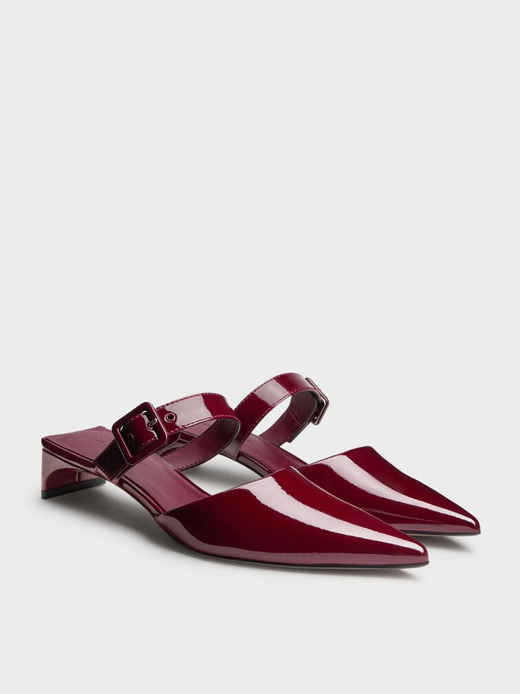 Sepatu Mules Heeled Buckle-Strap Patent, Burgundy, hi-res