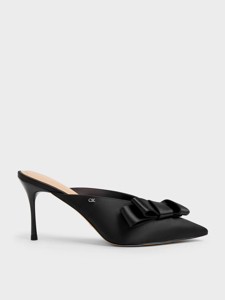Pleated-Bow Pointed Heeled Mules, Black Textured, hi-res