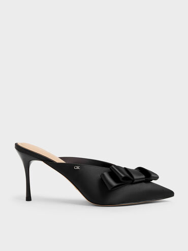 Pleated-Bow Pointed Heeled Mules, Black Textured, hi-res