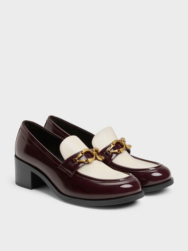 Two-Tone Metallic-Buckle Loafer Pumps, Burgundy, hi-res