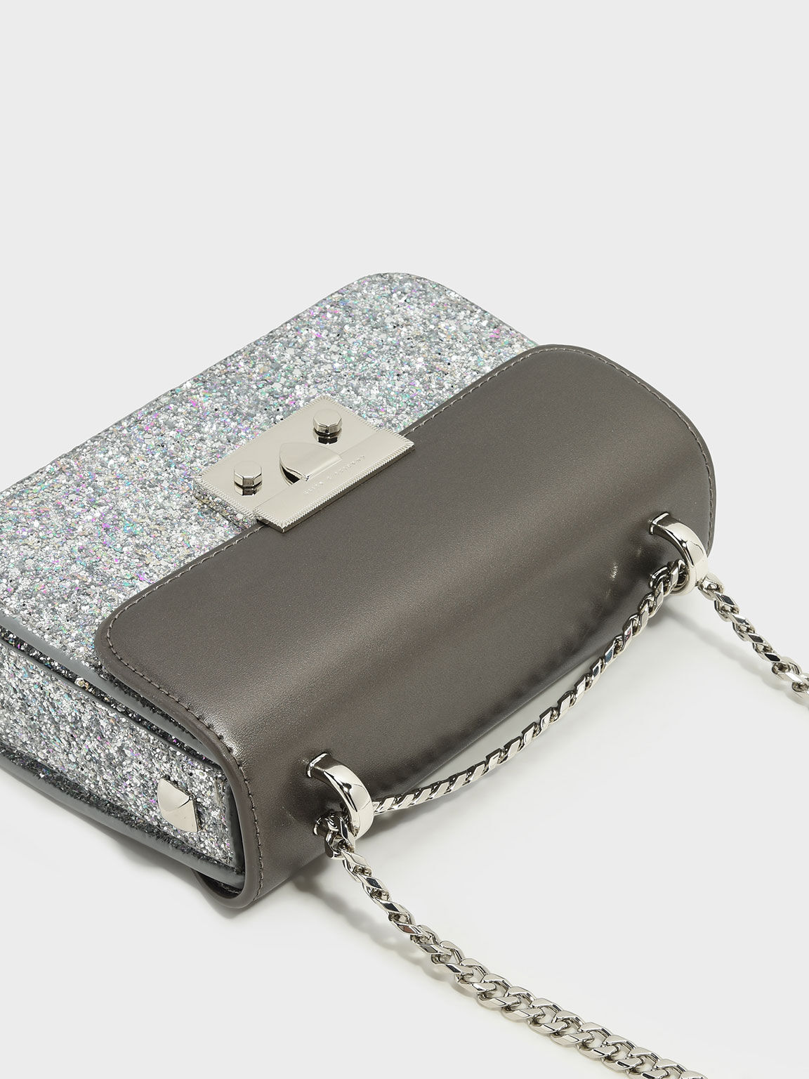 Tas Handbag Glitter Metallic Push-Lock, Pewter, hi-res