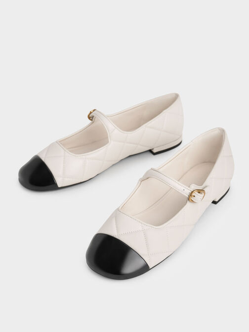 Sepatu Toe-Cap Quilted Mary Janes, Chalk, hi-res
