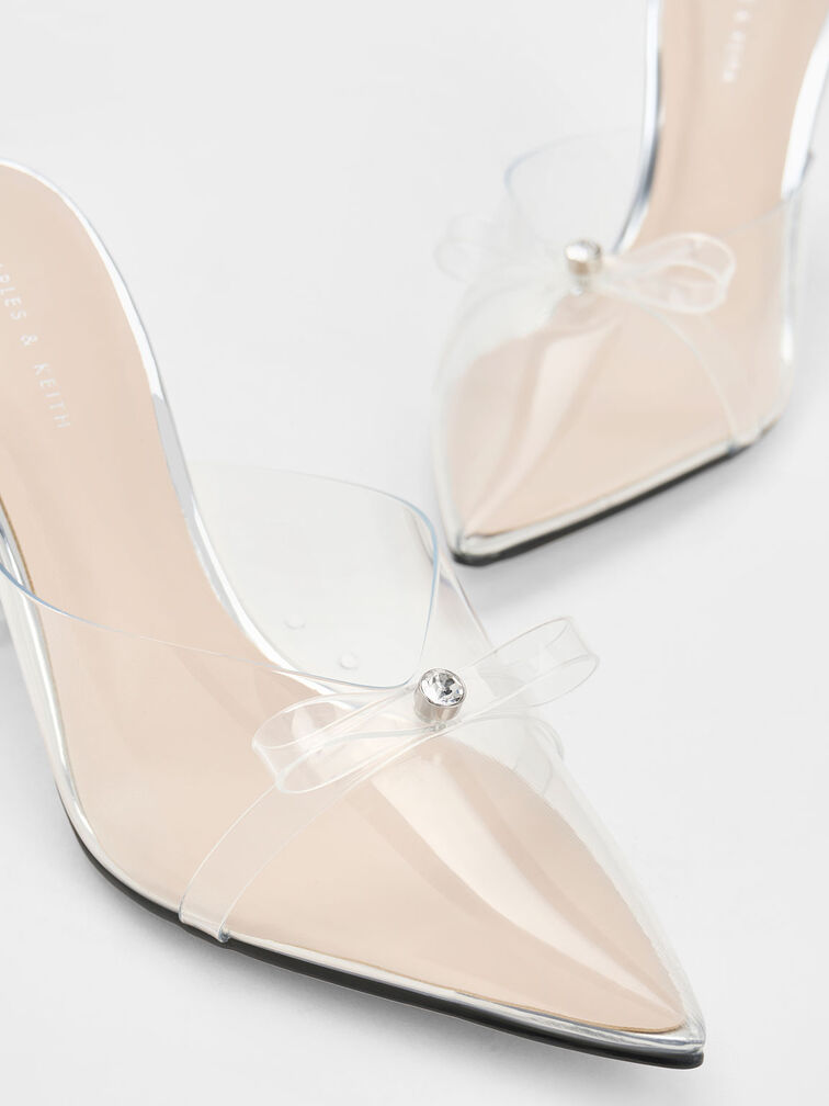 Sepatu Mules Embellished Bow See-Through, Silver, hi-res