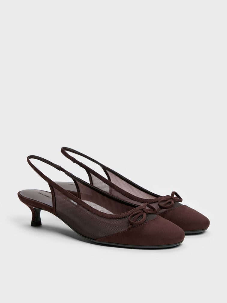 Sepatu Pumps Mesh Bow Slingback Mulligan, Dark Brown Textured, hi-res