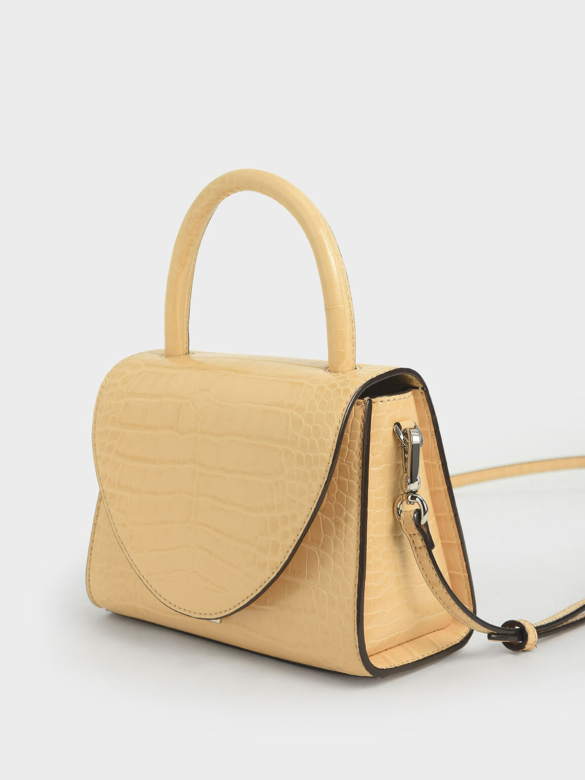 Croc-Effect Structured Top Handle Bag, Yellow, hi-res