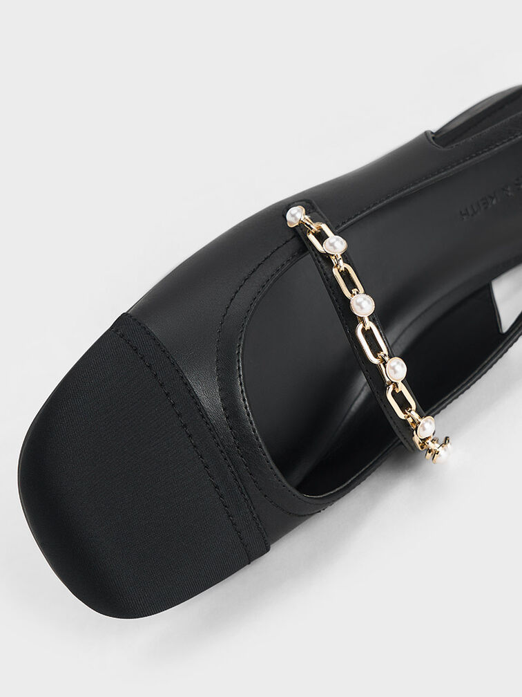 Sepatu Slingback Flats Chain-Link Beaded, Black, hi-res