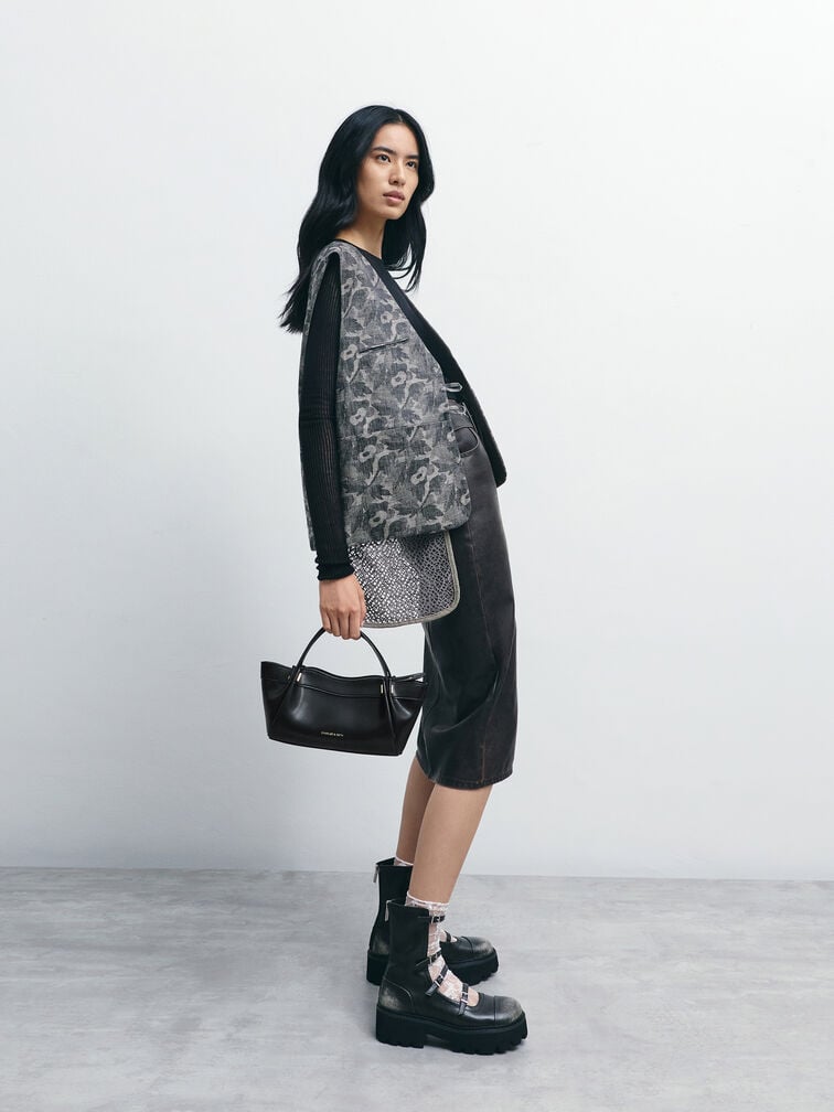 Clarice Pleated Double-Handle Tote Bag, Black, hi-res