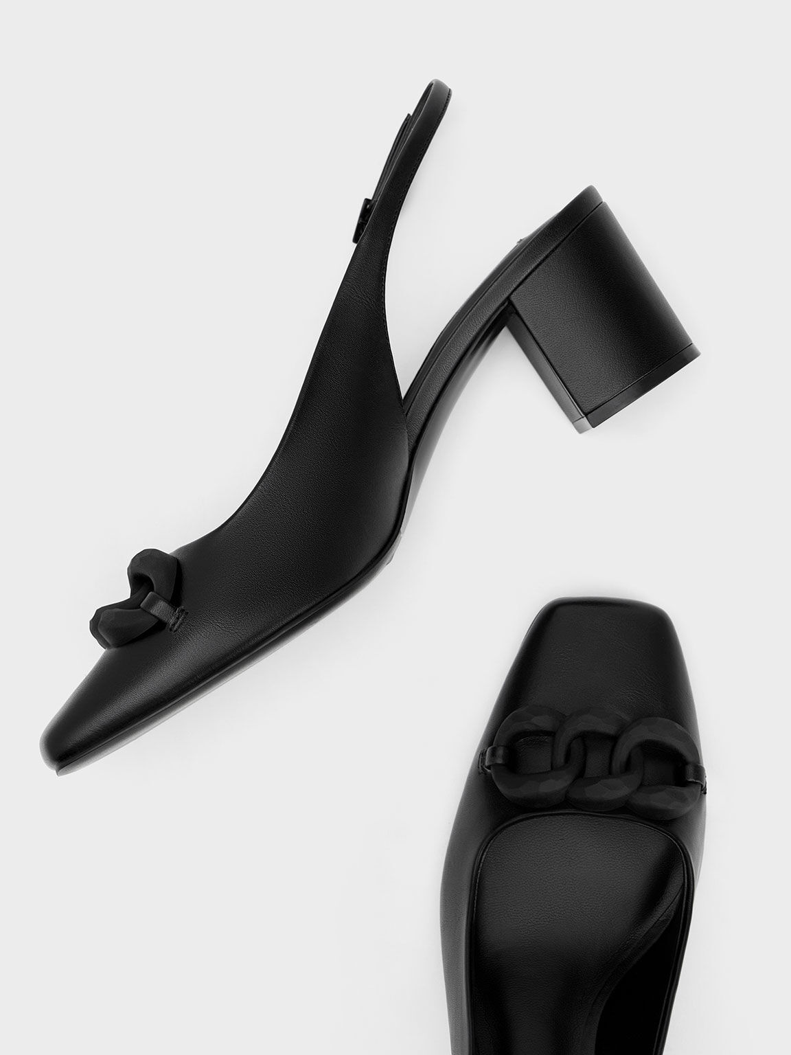 Sepatu Pumps Slingback Chunky Chain-Link, Black, hi-res