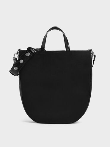 Textured U-Shaped Tote Bag, Black, hi-res