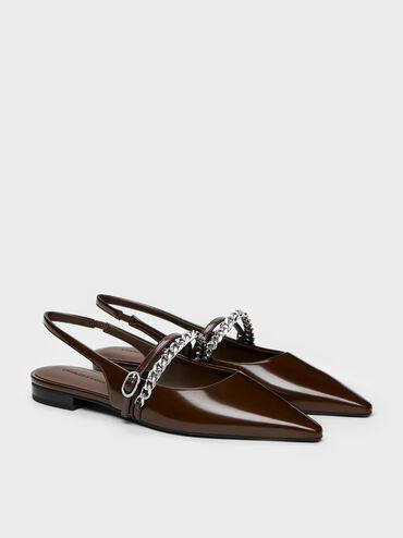 Sepatu Flats Slingback Chain Pointed Georgie, Dark Brown, hi-res