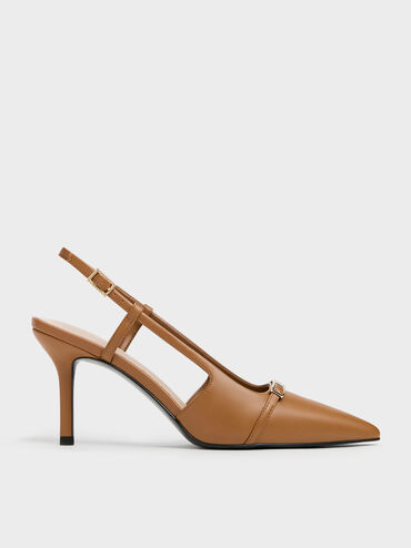 Metallic-Bar Pointed Slingback Pumps, Cognac, hi-res
