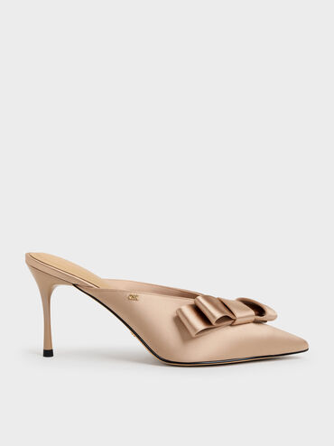 Sepatu Mules Heeled Pointed Pleated-Bow, Nude, hi-res