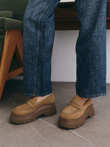 Leoi Faux Suede Platform Penny Loafers, Camel, hi-res