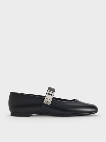 Sepatu Flats Mary Jane Metallic-Buckle Lando, Black, hi-res