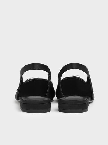 Sepatu Slingback Flats Pointed-Toe Crystal-Buckle Satin, Black Textured, hi-res