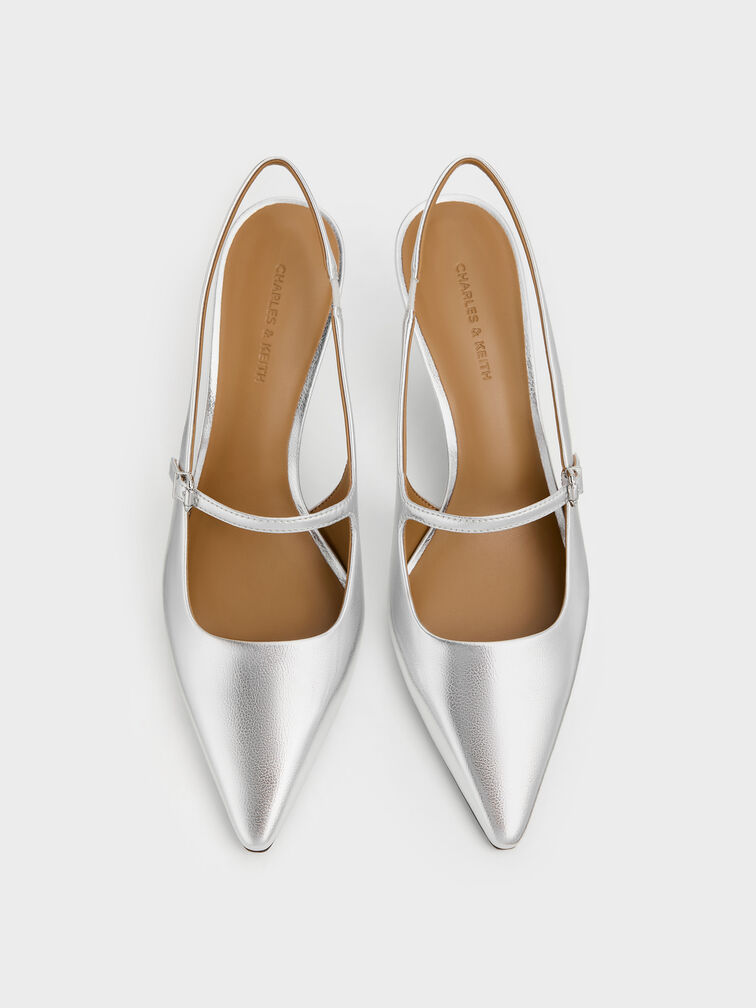 Metallic Pointed Slingback Mary Jane Pumps, Silver, hi-res