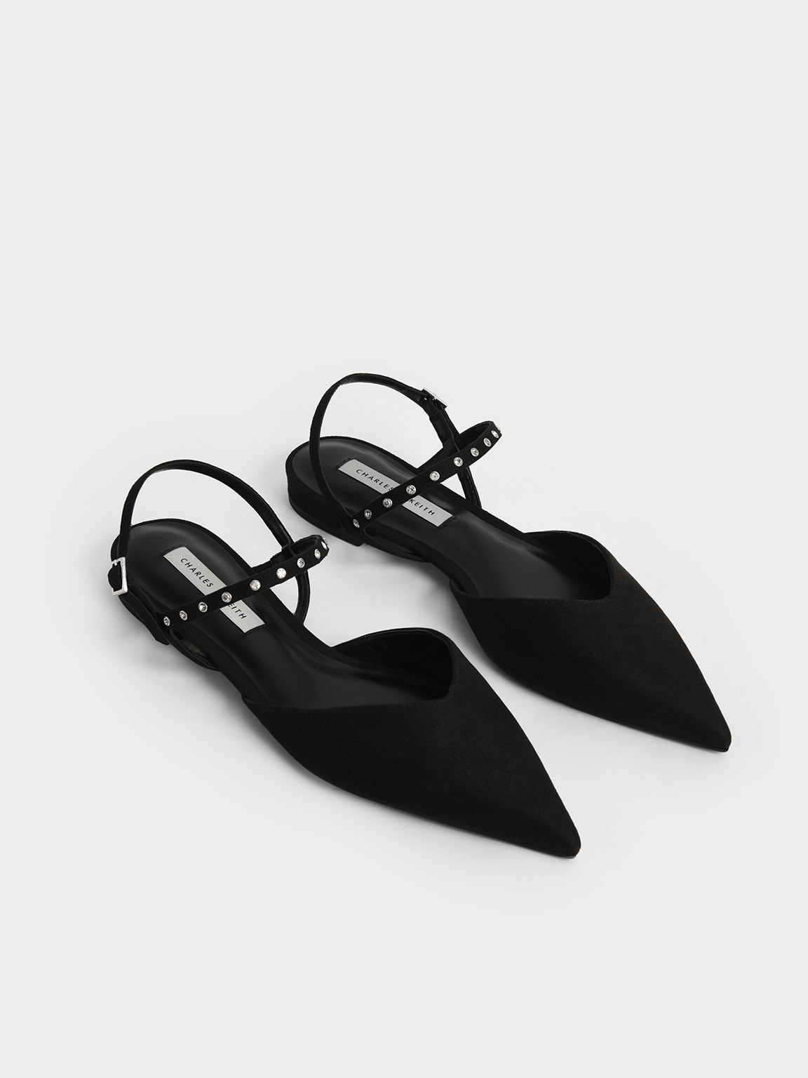 Black Studded Ankle Strap Ballerina Flats - CHARLES & KEITH ID
