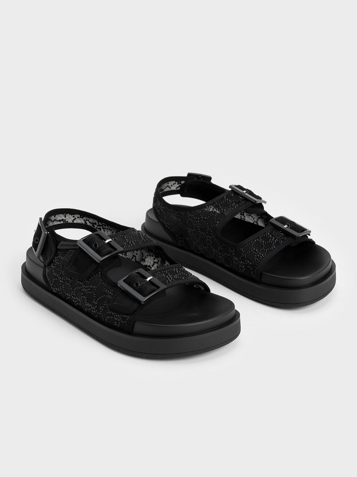 Beaded Mesh Flatform Sandals, Black, hi-res