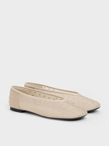 Sepatu Flats Ballet Crystal Mesh, Beige, hi-res
