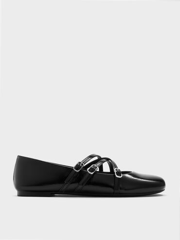 Sepatu Flats Mary Jane Crossover Patent Triple-Strap, Black Patent, hi-res