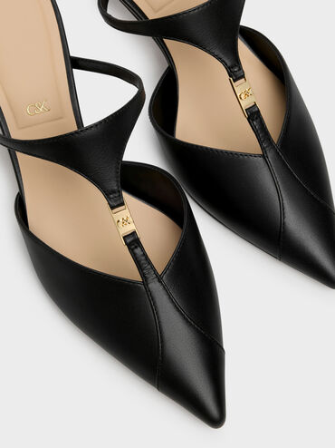 Leather T-Bar Pointed Kitten Heels, Black, hi-res