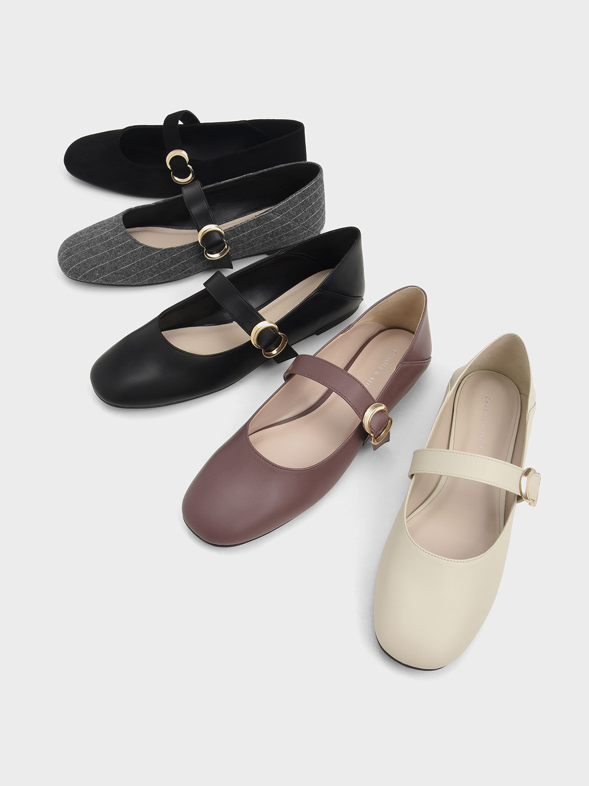 Sepatu Mary Jane Ballerina Flats Metallic Accent, Chalk, hi-res