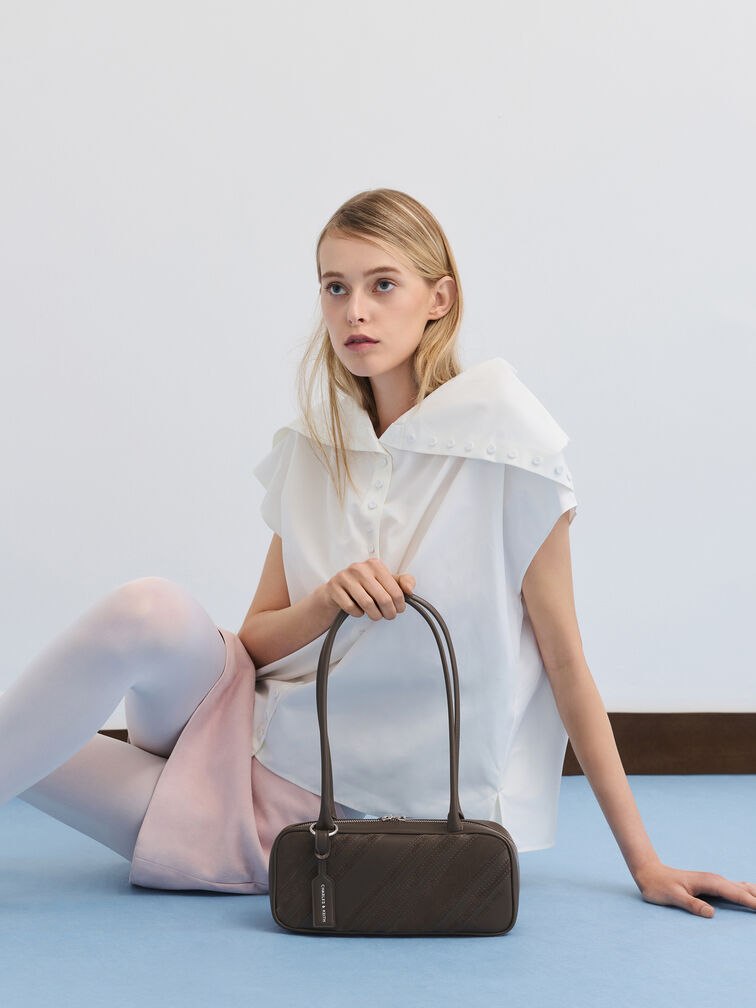 Zeya Recycled Suede Striped Shoulder Bag, Dark Moss, hi-res