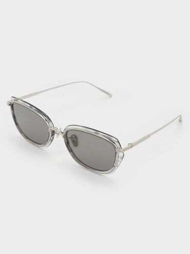 Kacamata Geometric-Frame Metallic Rim, Grey, hi-res