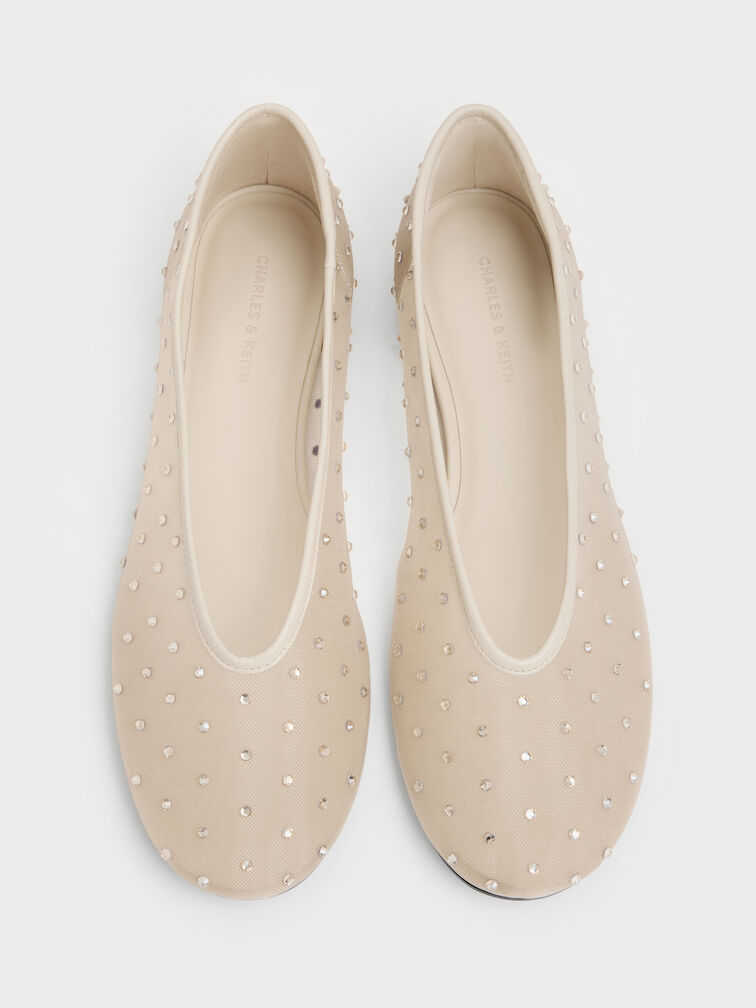 Sepatu Flats Ballet Crystal Mesh, Beige, hi-res