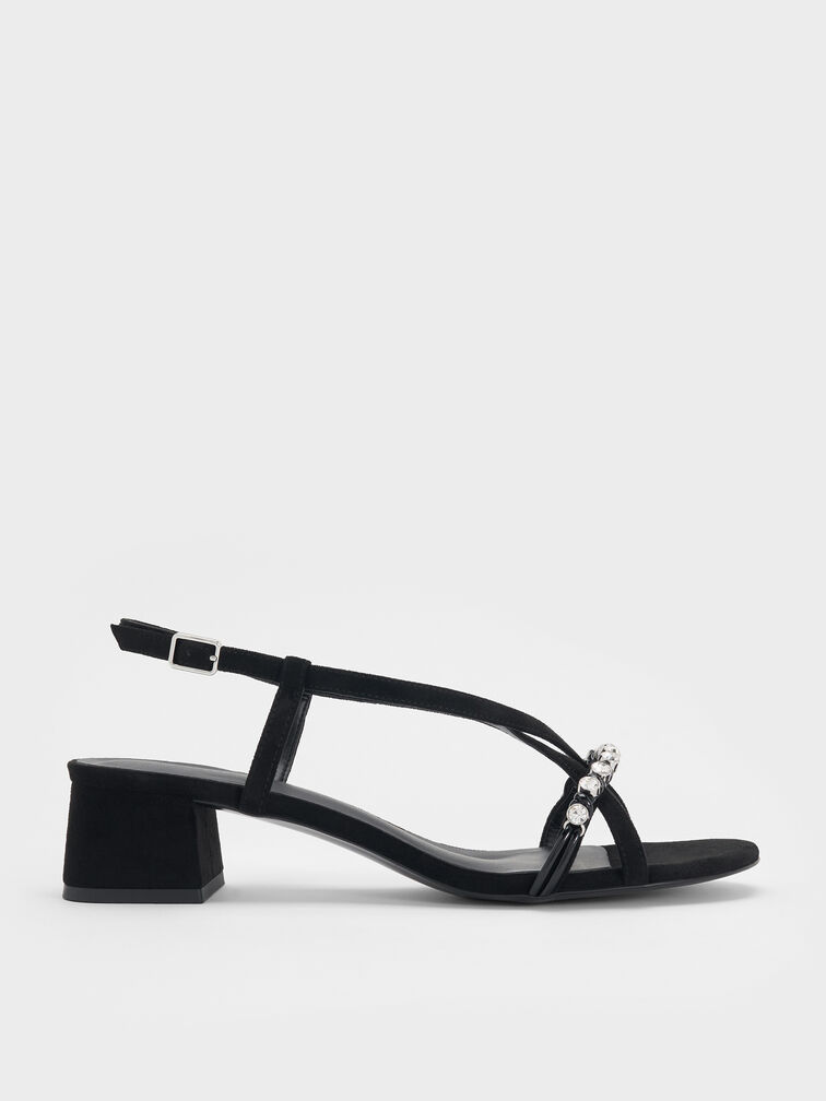 Faux Suede Gem Heeled Slingback Sandals, Black Textured, hi-res