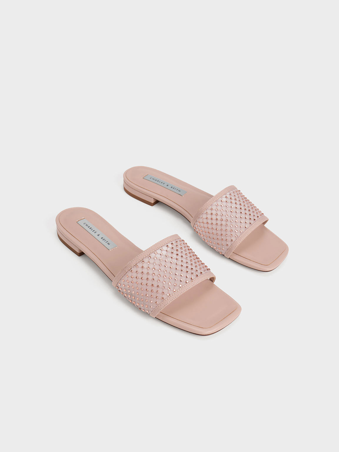 Gem-Encrusted Mesh Slide Sandals, Nude, hi-res