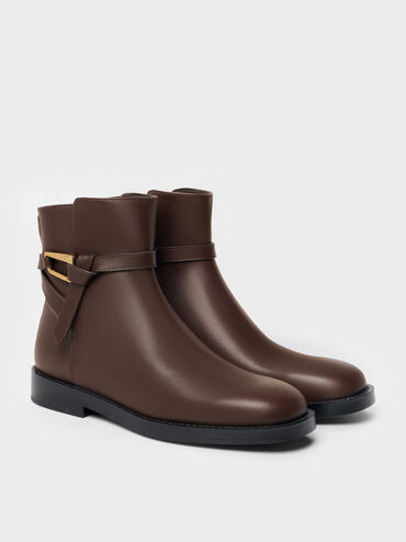 Sepatu Ankle Boots Daena Leather Metallic-Accent, Dark Brown, hi-res