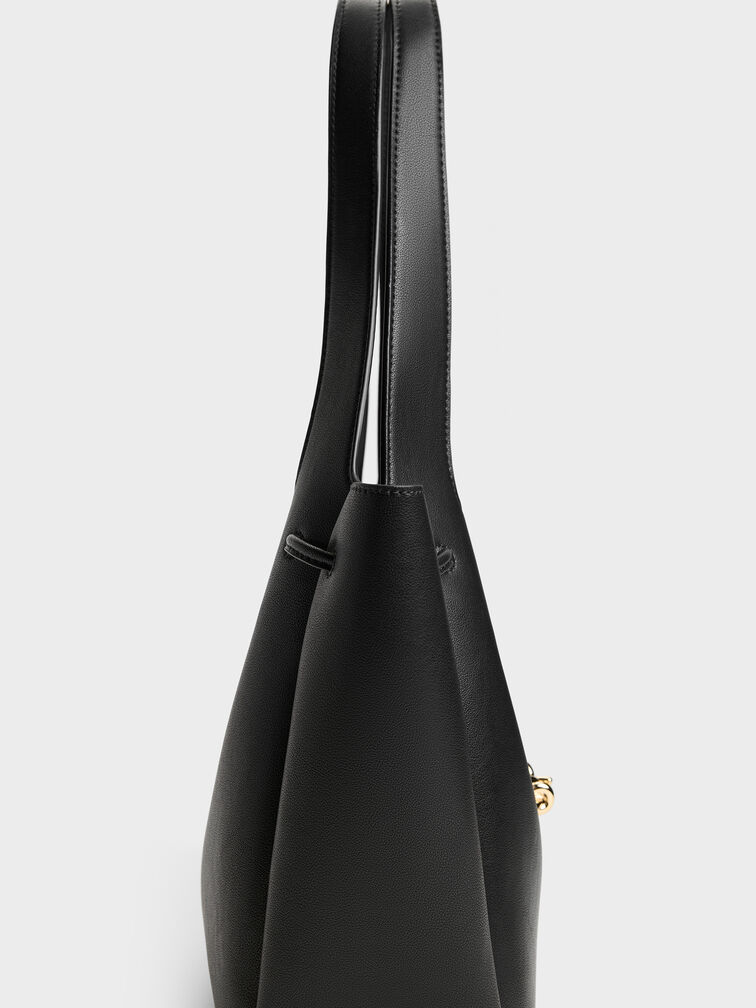 Tas Tote Drawstring Metallic-Knot Mila, Black, hi-res