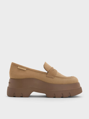 Leoi Faux Suede Platform Penny Loafers, Camel, hi-res
