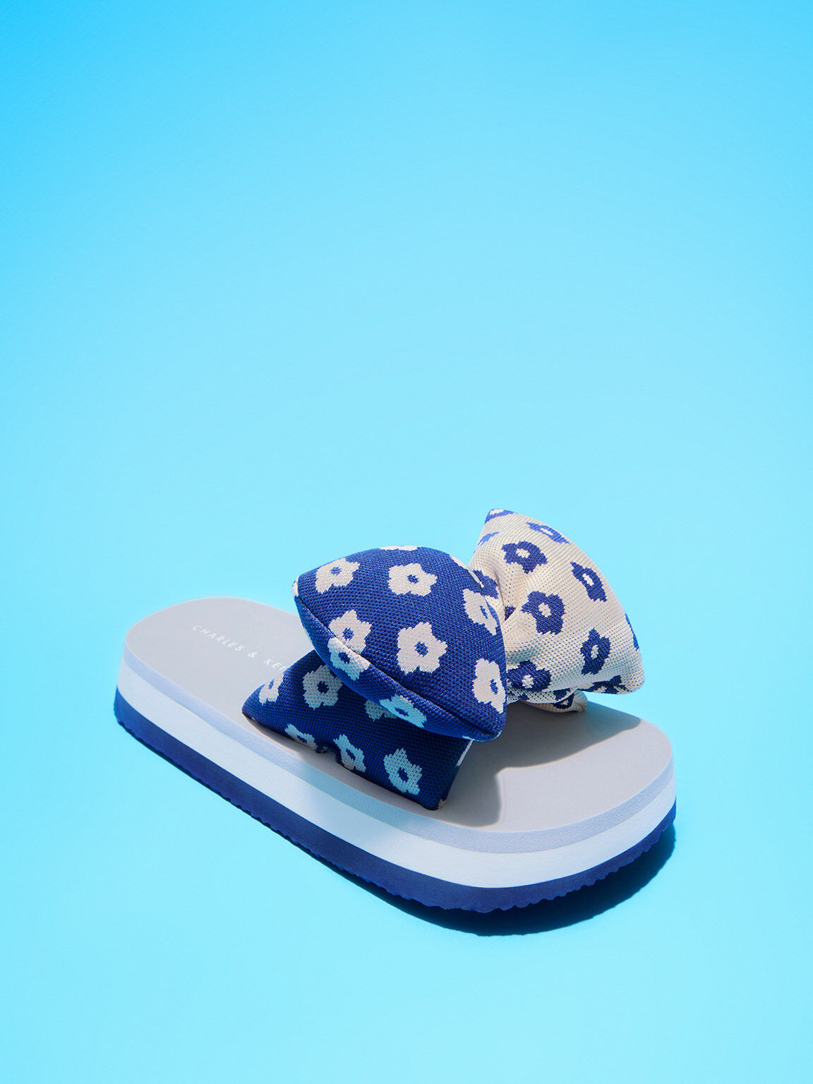 Sandal Slide Floral Puffy Bow, Blue, hi-res