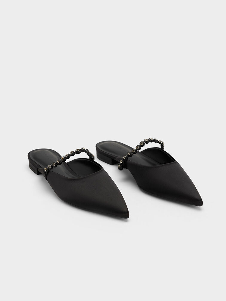 Sepatu Flat Mules Gem-Strap Metallic Recycled Polyester, Black, hi-res